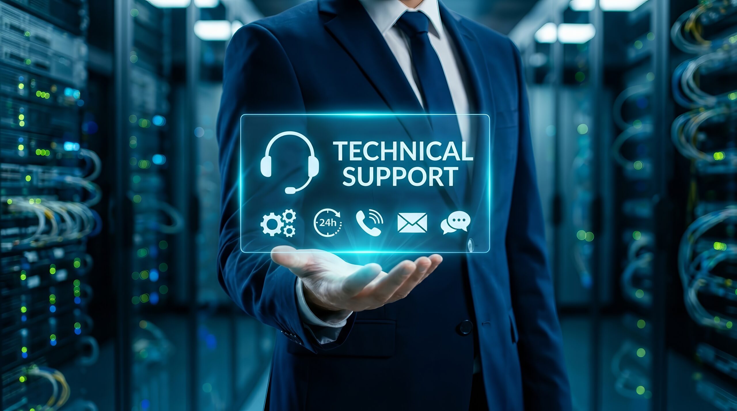 Professioneller Mensch mit Anzug der ein Bild von einem Technischen Support mit verschiedenen Icons zeigt